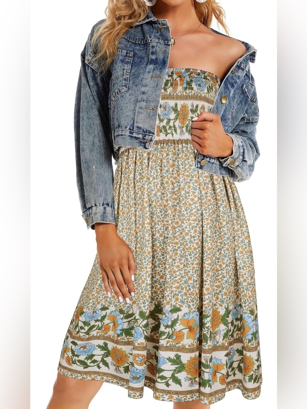 CHICGAL Boho Strapless Floral Sundress Smocked Coverup Medium